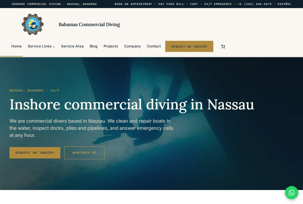 The Bahamas Commercial Diving home page, built by Harbour 242.